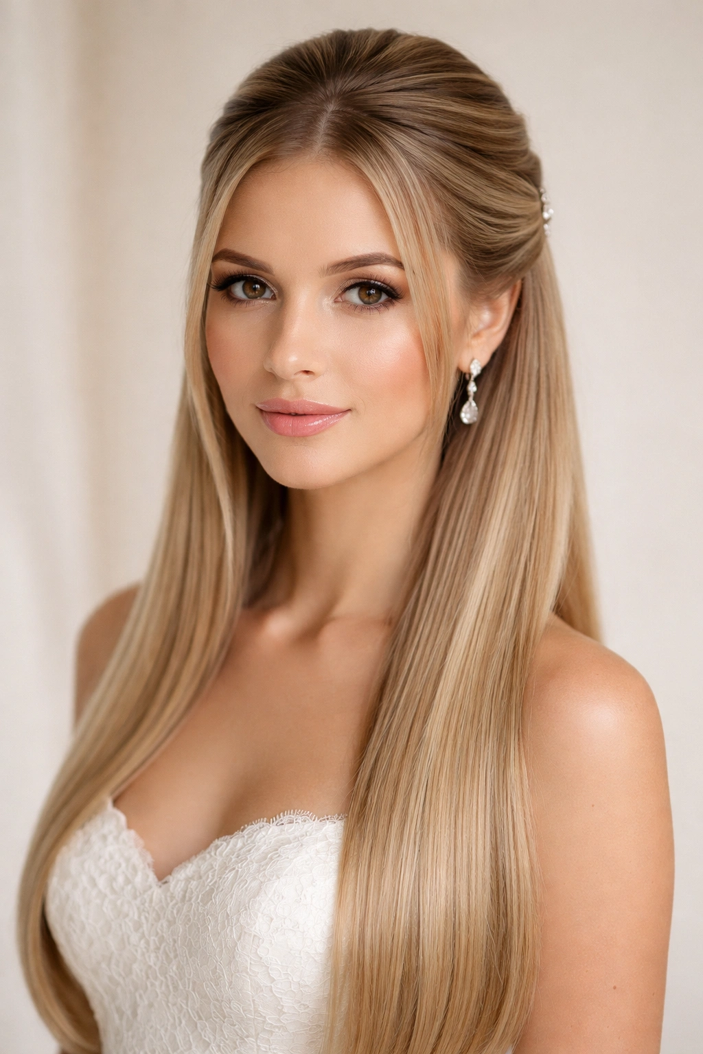 Bride with half-up half-down hairstyle, straight flowing locks