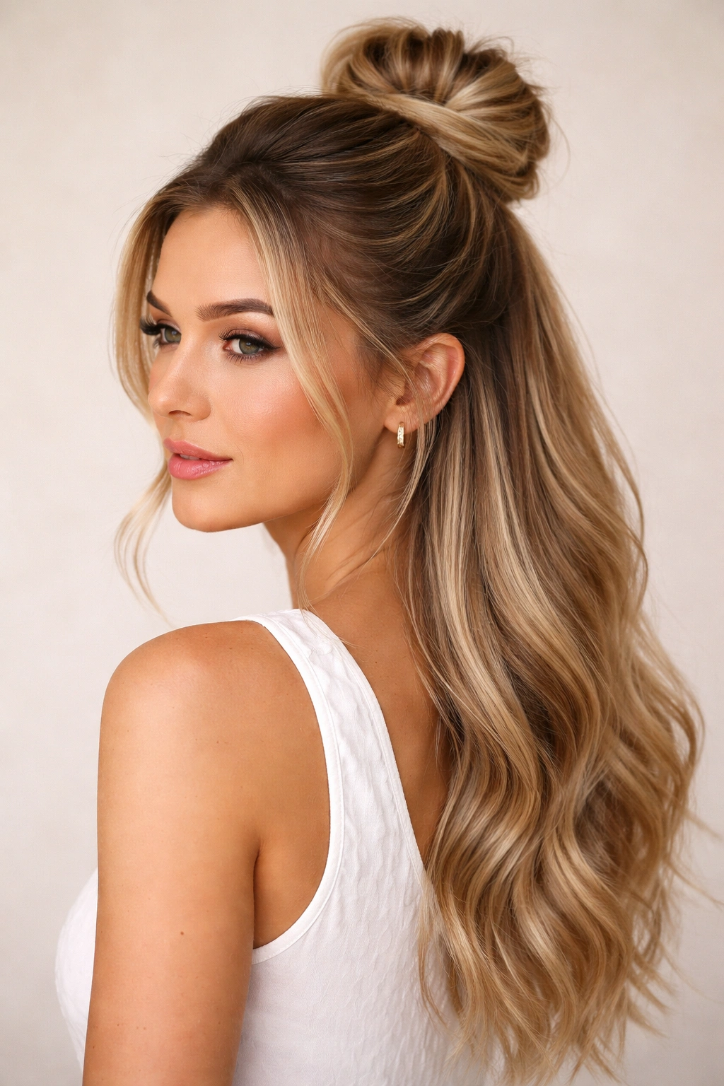Half-up bun at the crown with hair flowing down