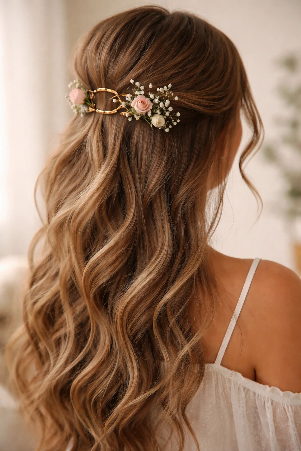Close-up of a half-up half-down hairstyle with a claw clip and small flowers
