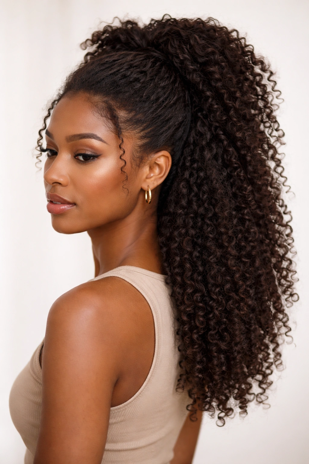 Half-up half-down coil hairstyle showing gathered top and loose bottom