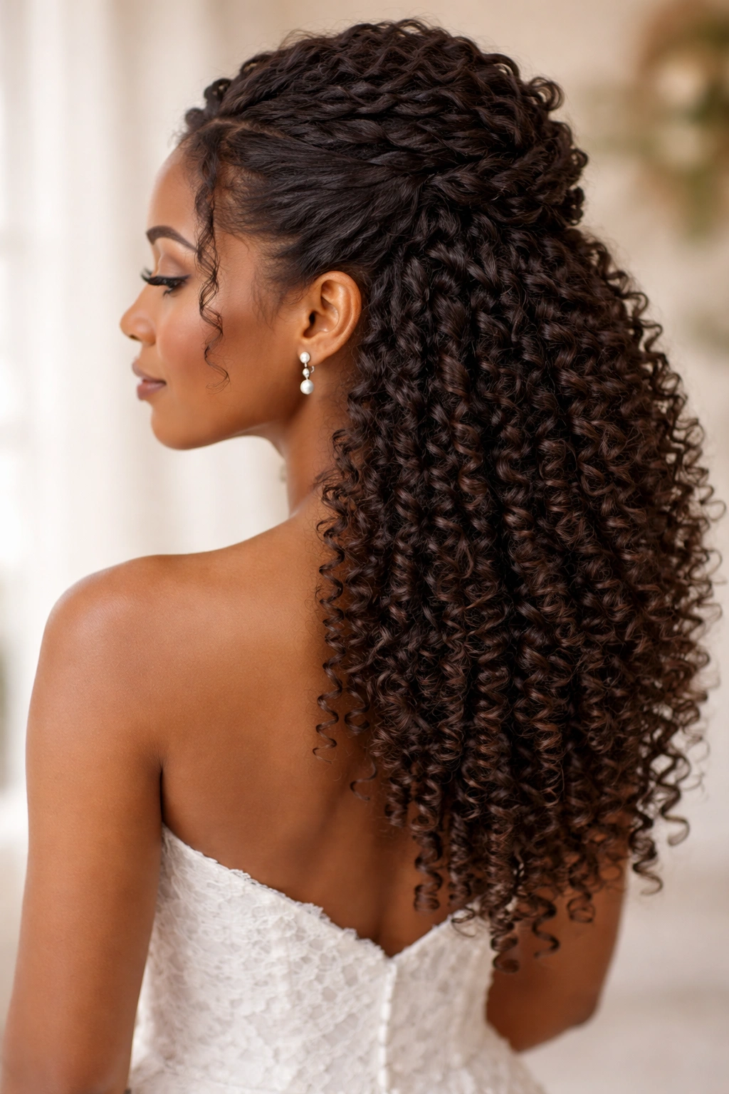 Half-up half-down hairstyle showing defined coils and gathered crown