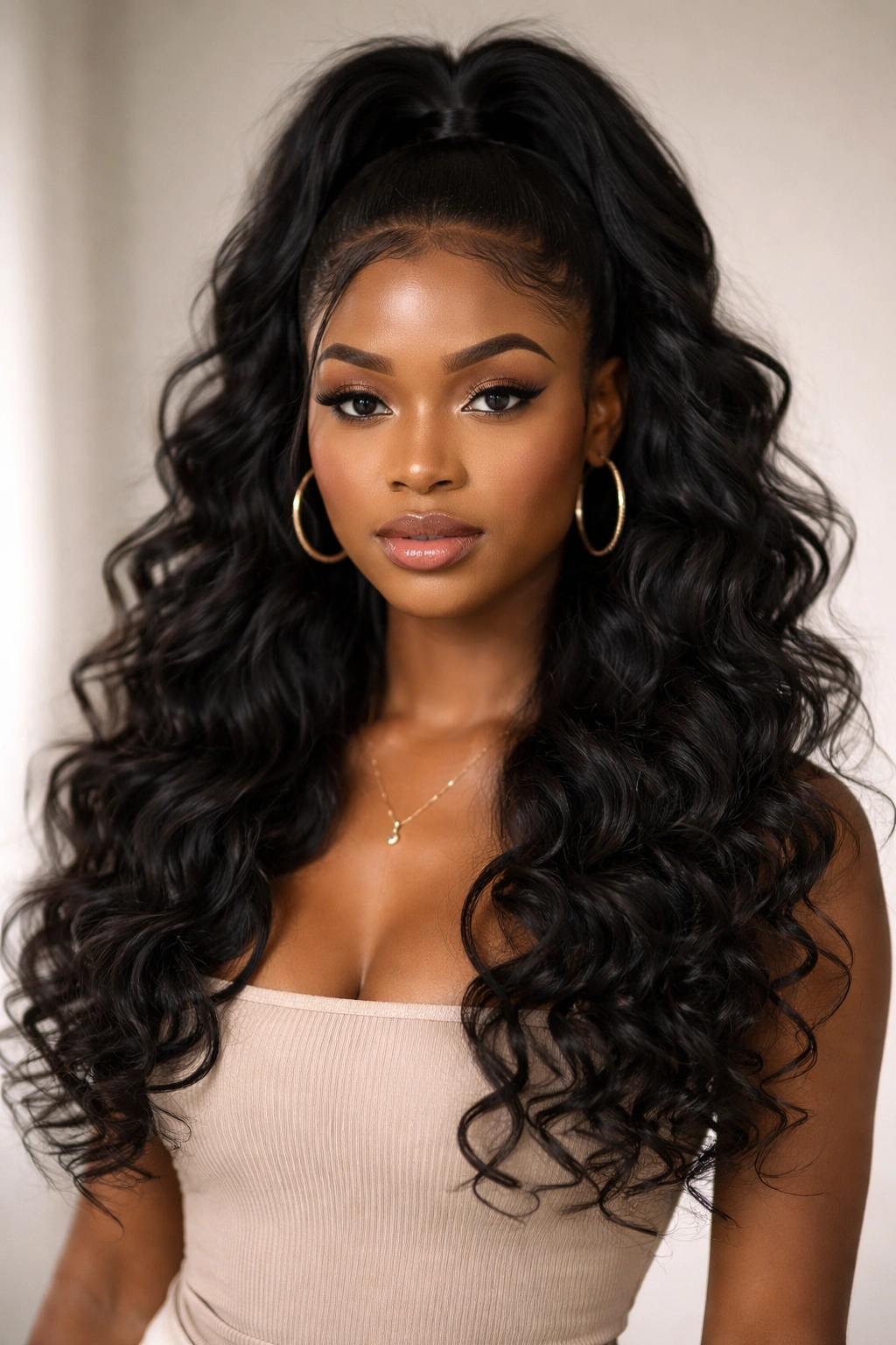 Half Up Half Down with Curls hairstyle on Black woman with defined curls below