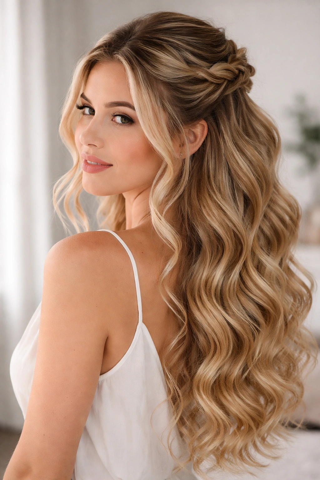 Half up half down with loose romantic curls on the lower hair