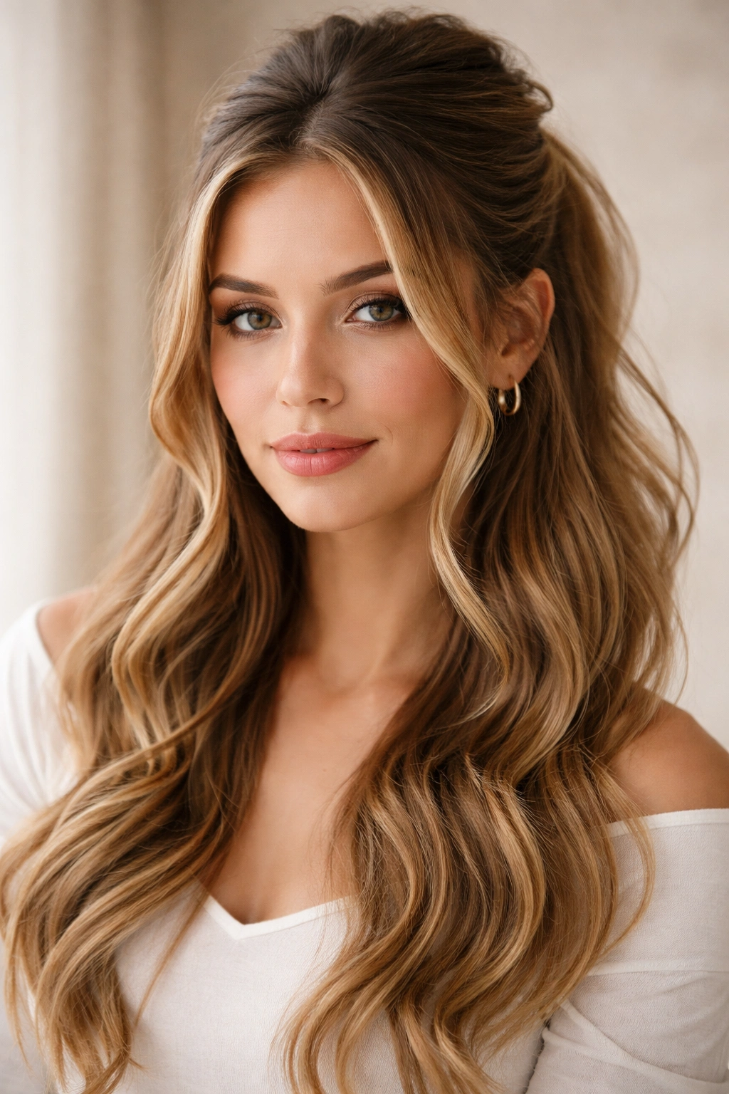 Hair half-up half-down with face-framing strands around the face