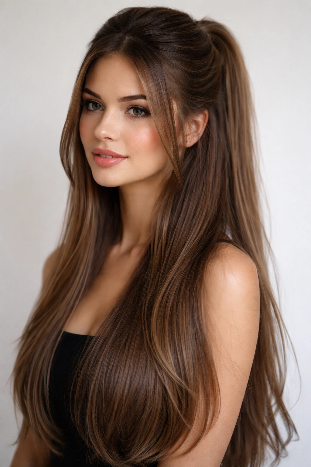 Half-up half-down hairstyle with face-framing layers, long straight hair