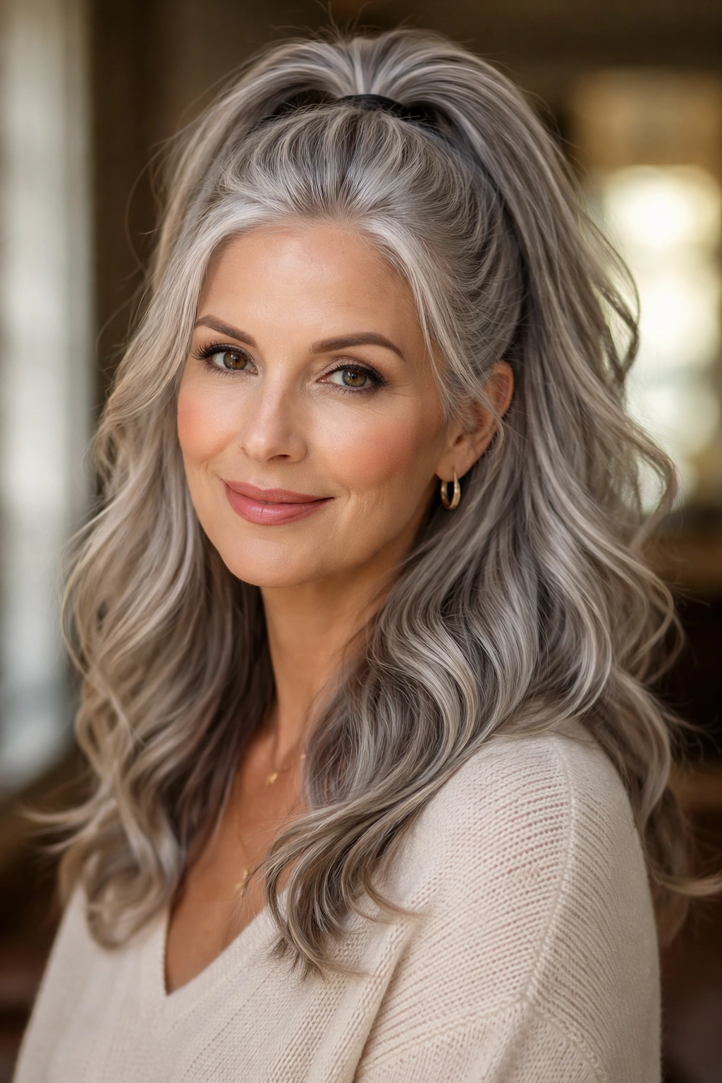Front-facing gray-haired model with half-up half-down hairstyle showing movement