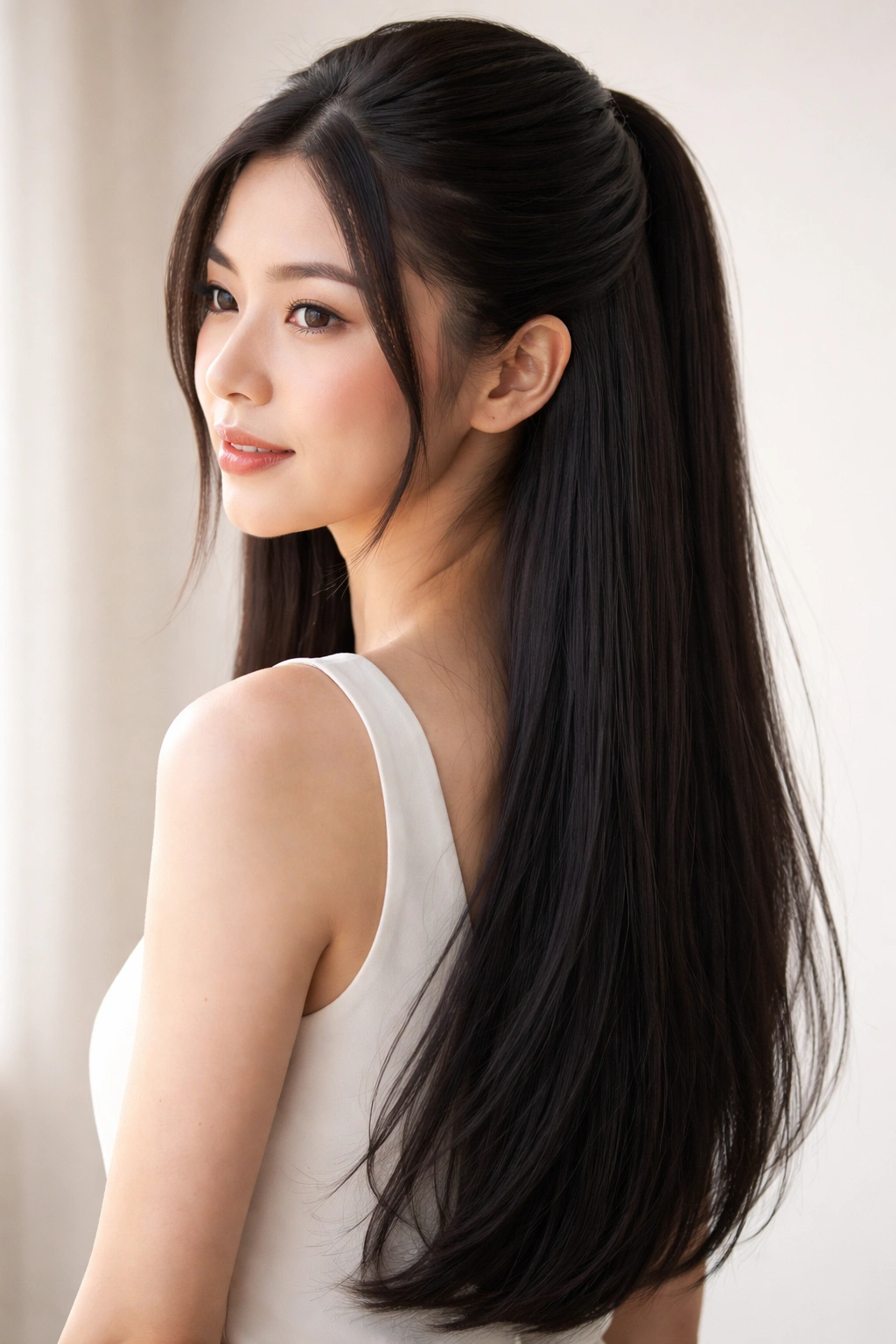 Half-up half-down straight hairstyle with smooth crown and flowing lower length.