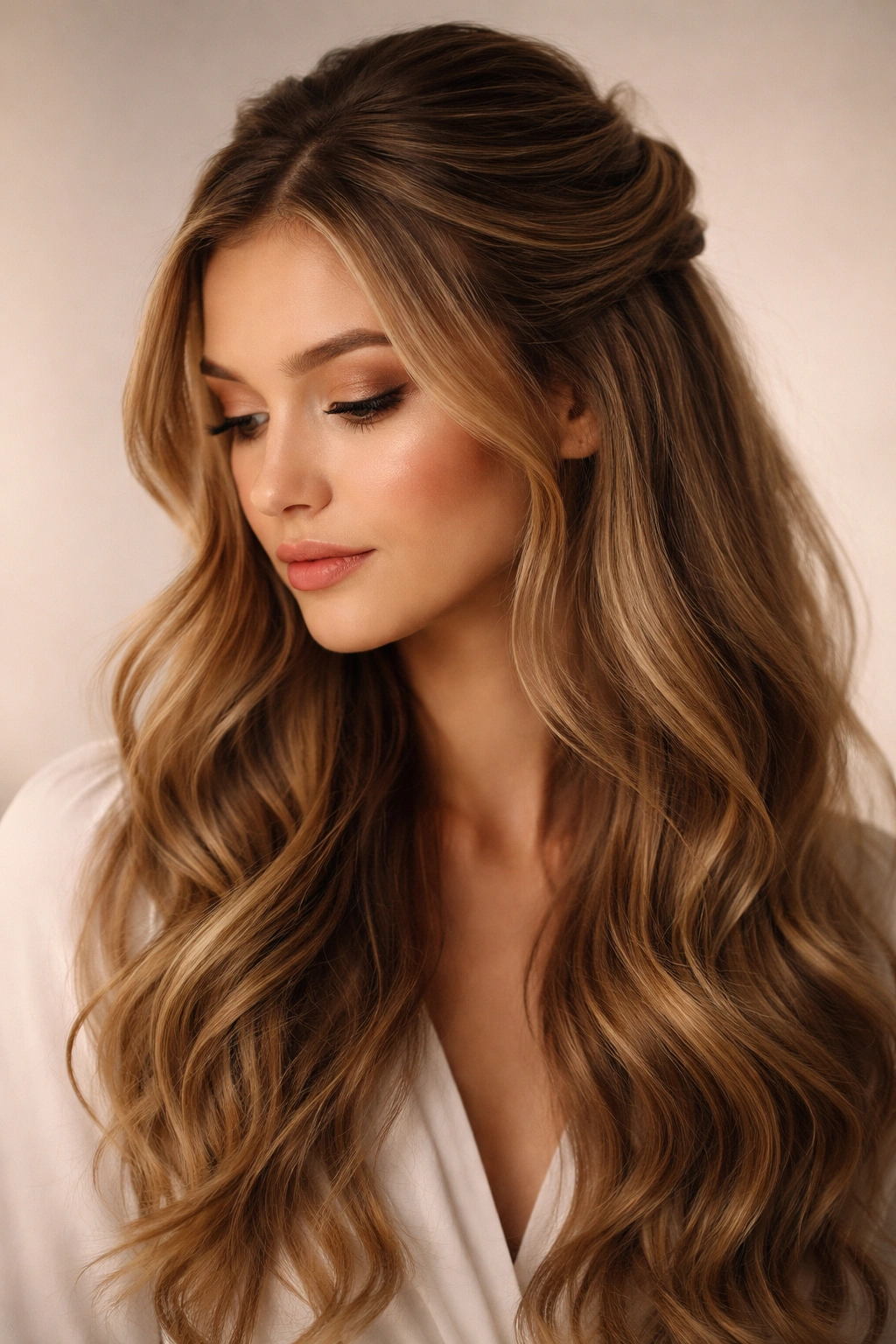 Portrait of a person with long half-up half-down hairstyle in a minimalist studio