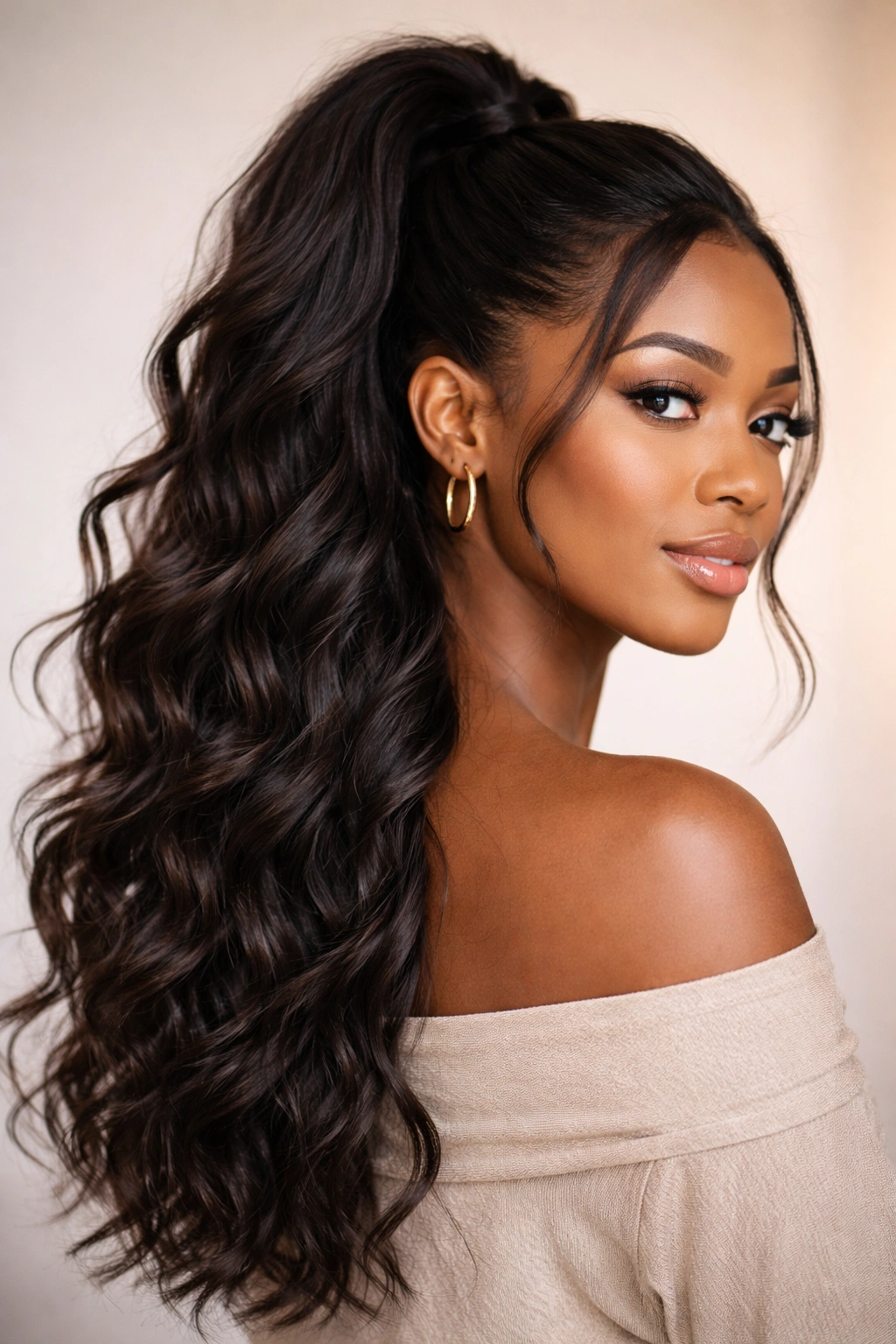 Half-up pony with textured waves cascading down
