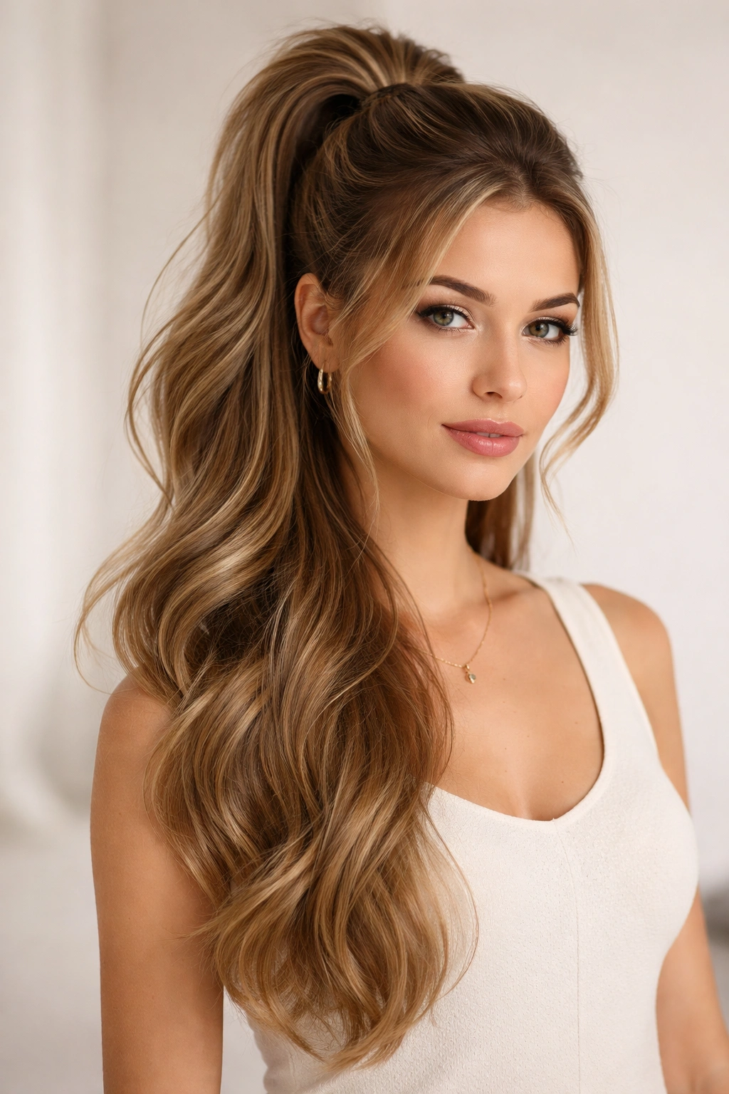 Half-up half-down ponytail with upper ponytail and flowing lower hair