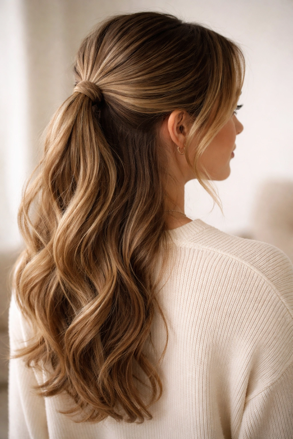 Three-quarter rear view of a half-up, half-down low ponytail with a low crown gathering.