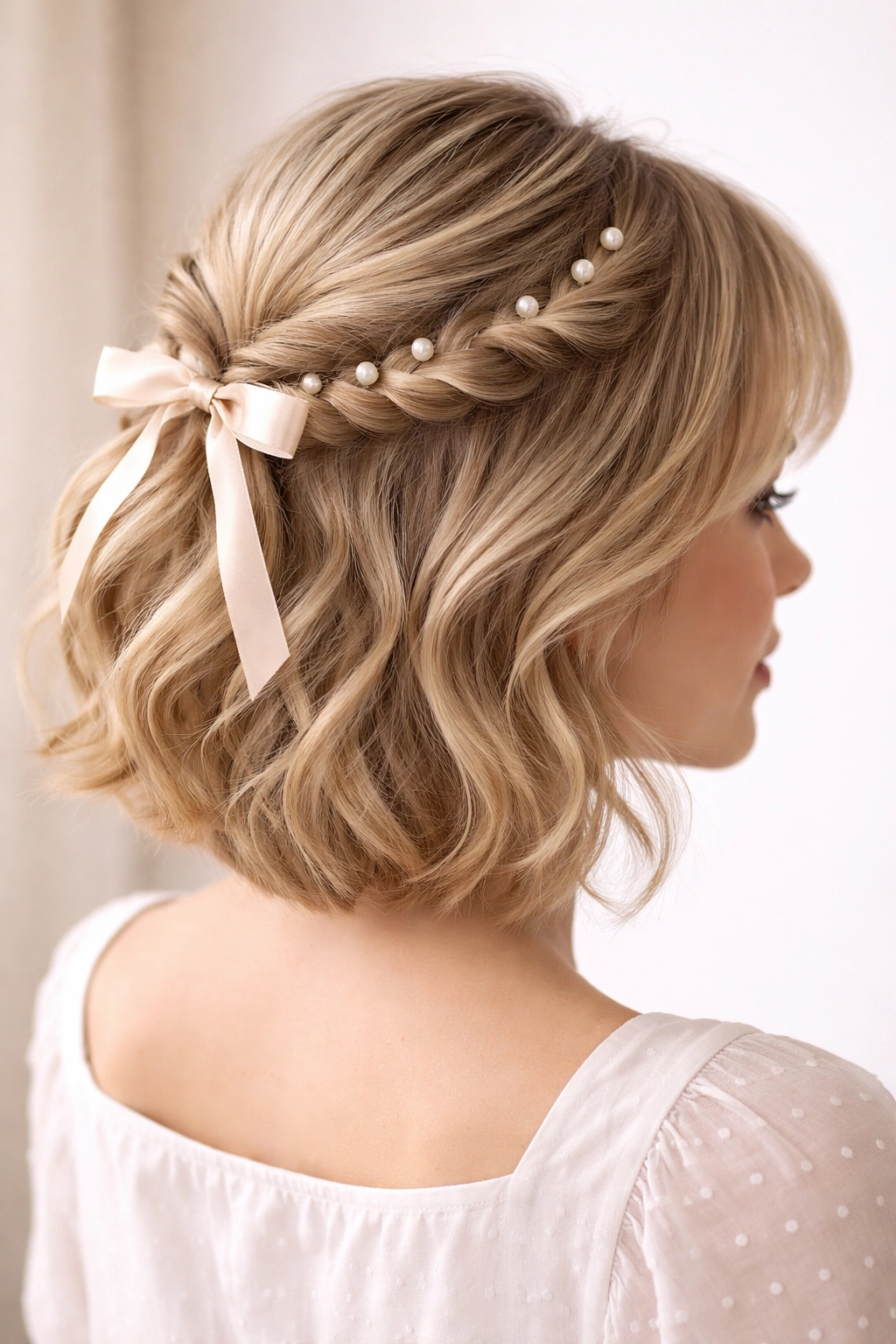 Close-up of a short wig styled in half-up half-down with ribbon and pearl accent