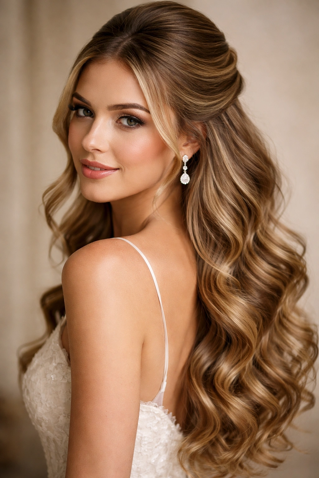 Close-up of classic half-up half-down hairstyle with loose ringlets