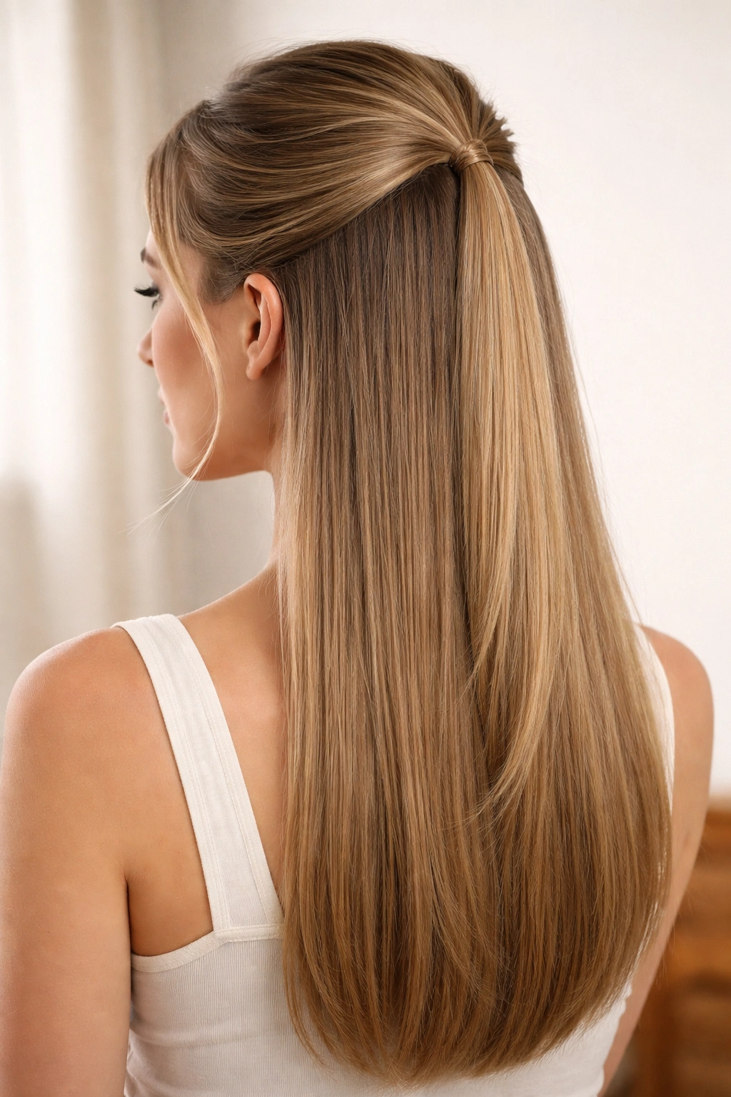 Half-up half-down style on straight hair with neat crown section