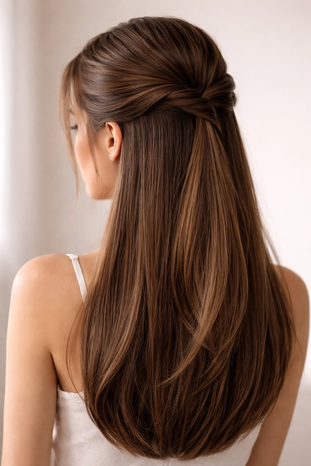 Half-up half-down hairstyle with a subtle crown twist on straight hair