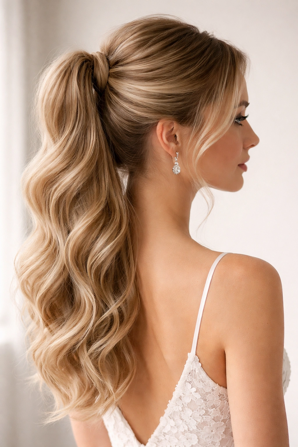 Close-up of Half-Up Half-Down Ponytail Updo with twisted crown and flowing waves
