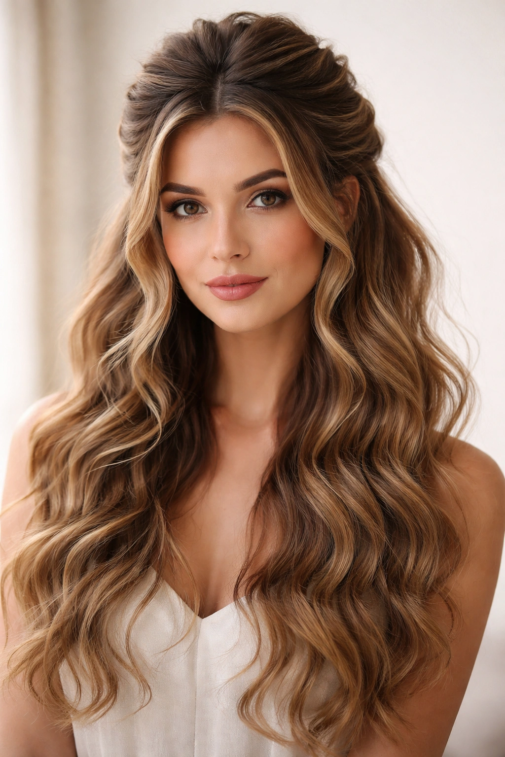 Half-up half-down hairstyle with thick waves cascading below