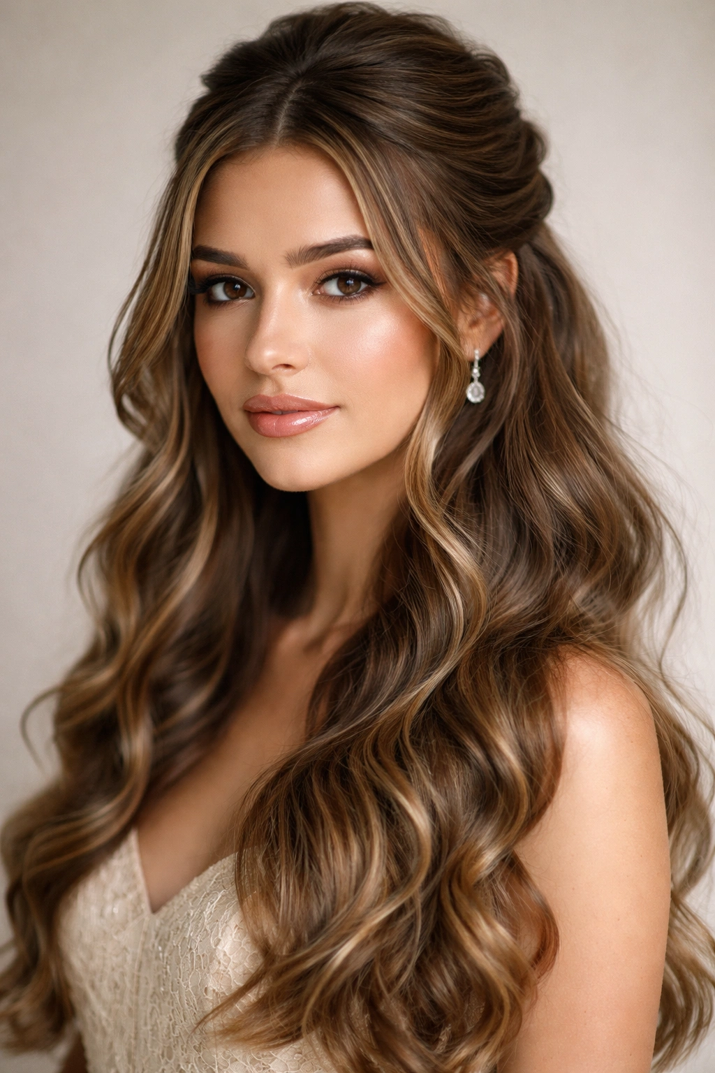 Half-Up Half-Down Waves With Face-Framing Pieces hairstyle on a model; polished formal waves.