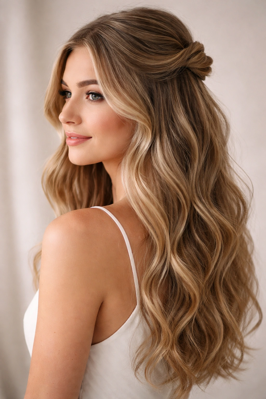 Close-up of soft romantic half-knot with loose waves hairstyle on a model with crown knot and flowing waves