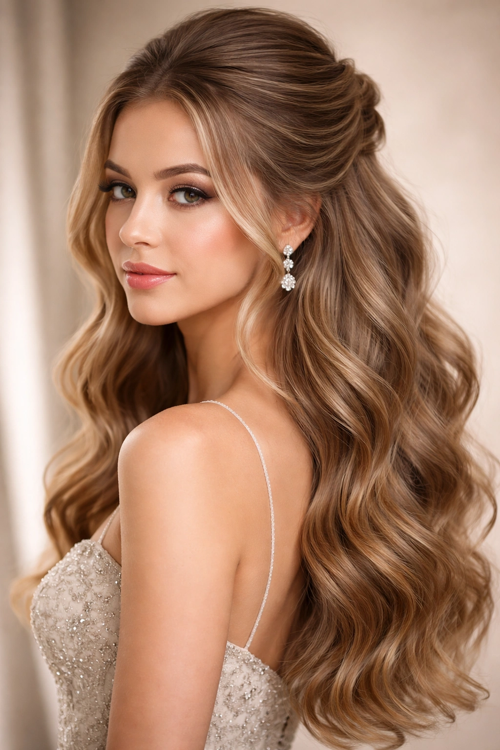 Half-up half-down waves with volume on top and loose waves around the face.