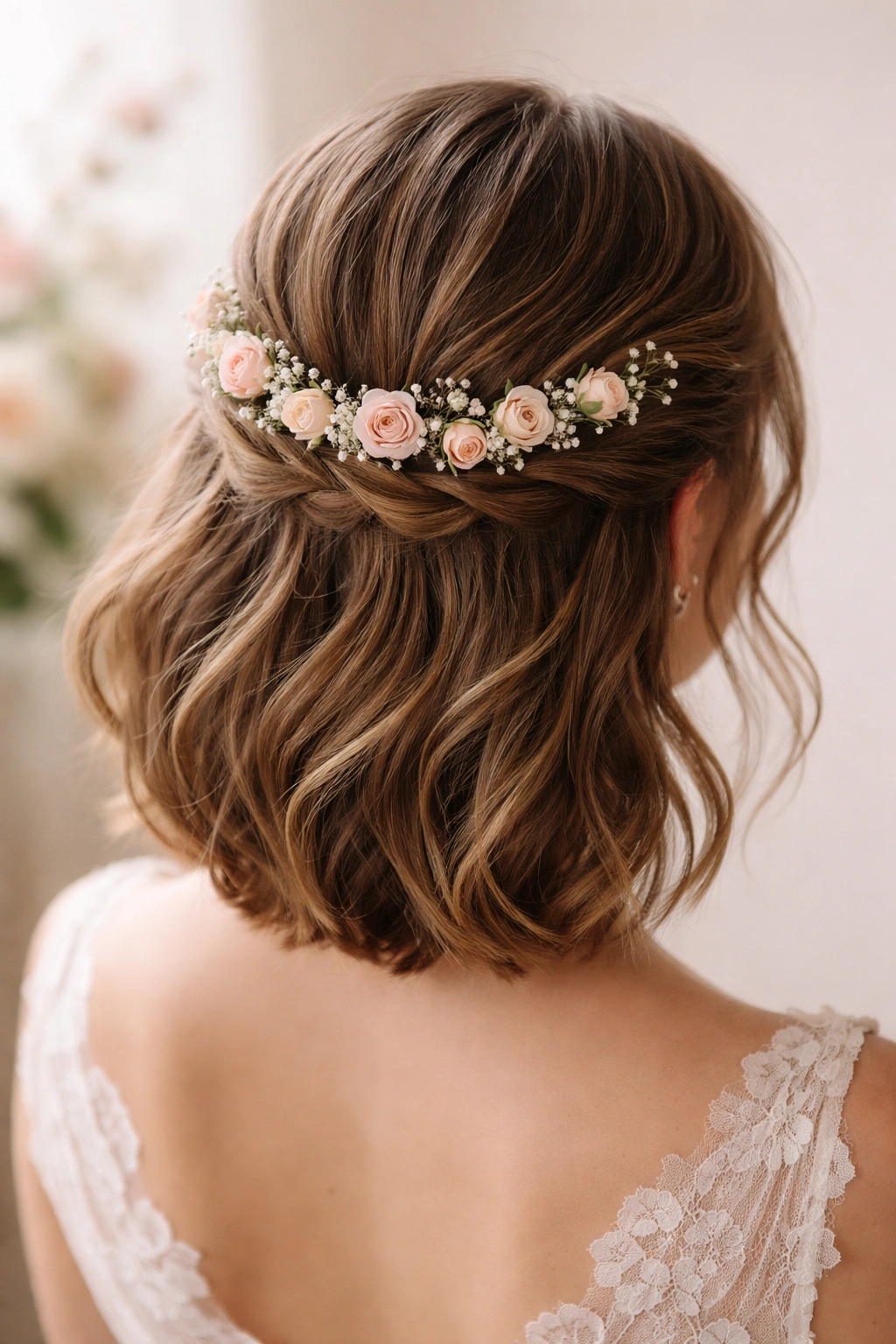 Half-up halo with delicate flower crown at back