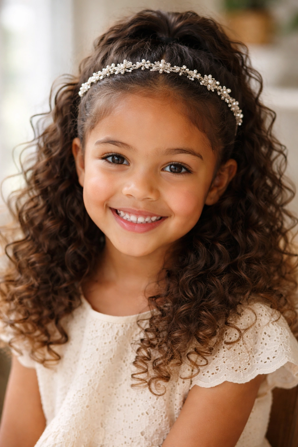 Close-up of half-up hairstyle held by a decorative headband across the crown