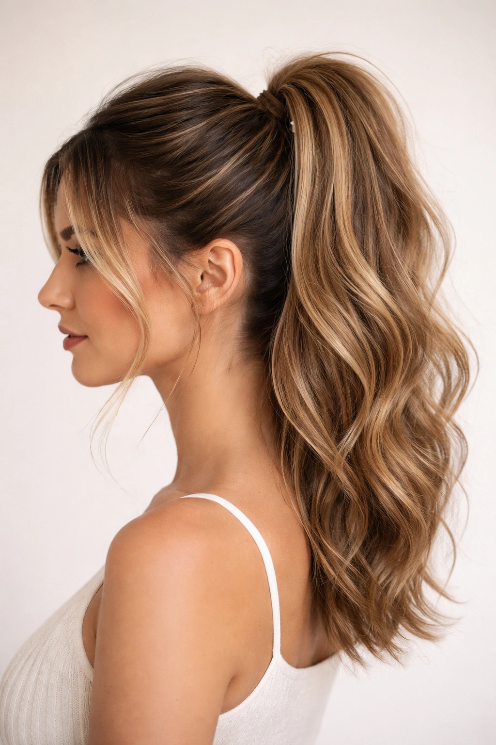 Side profile of a high half-up pony at the crown