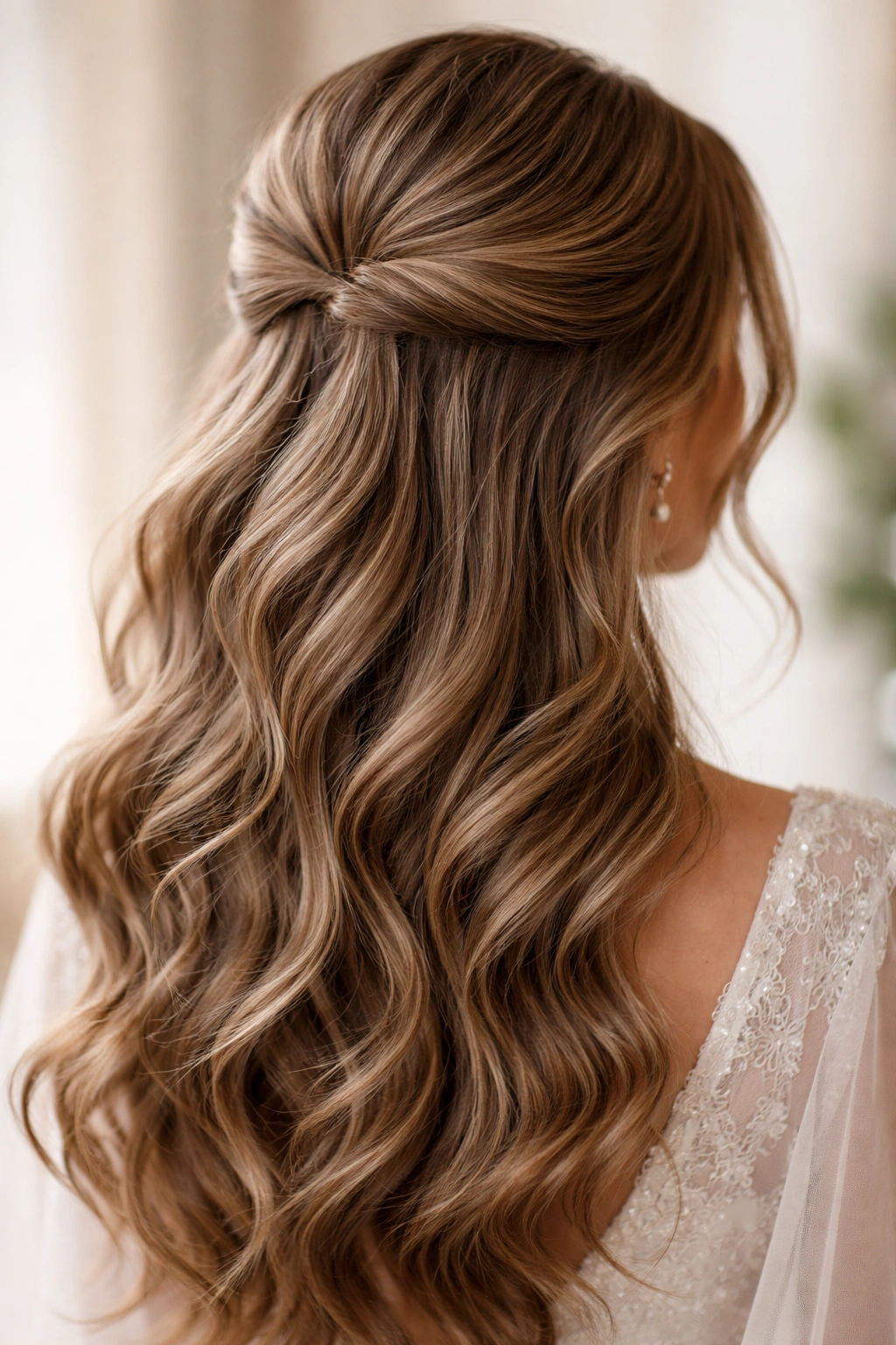 Half-up hairstyle secured with invisible clips and soft waves on thick hair