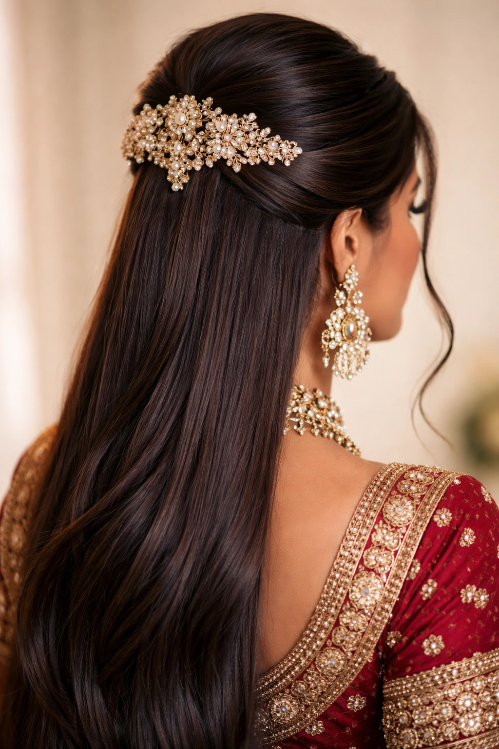 Half-up hairstyle with decorative combs on straight hair