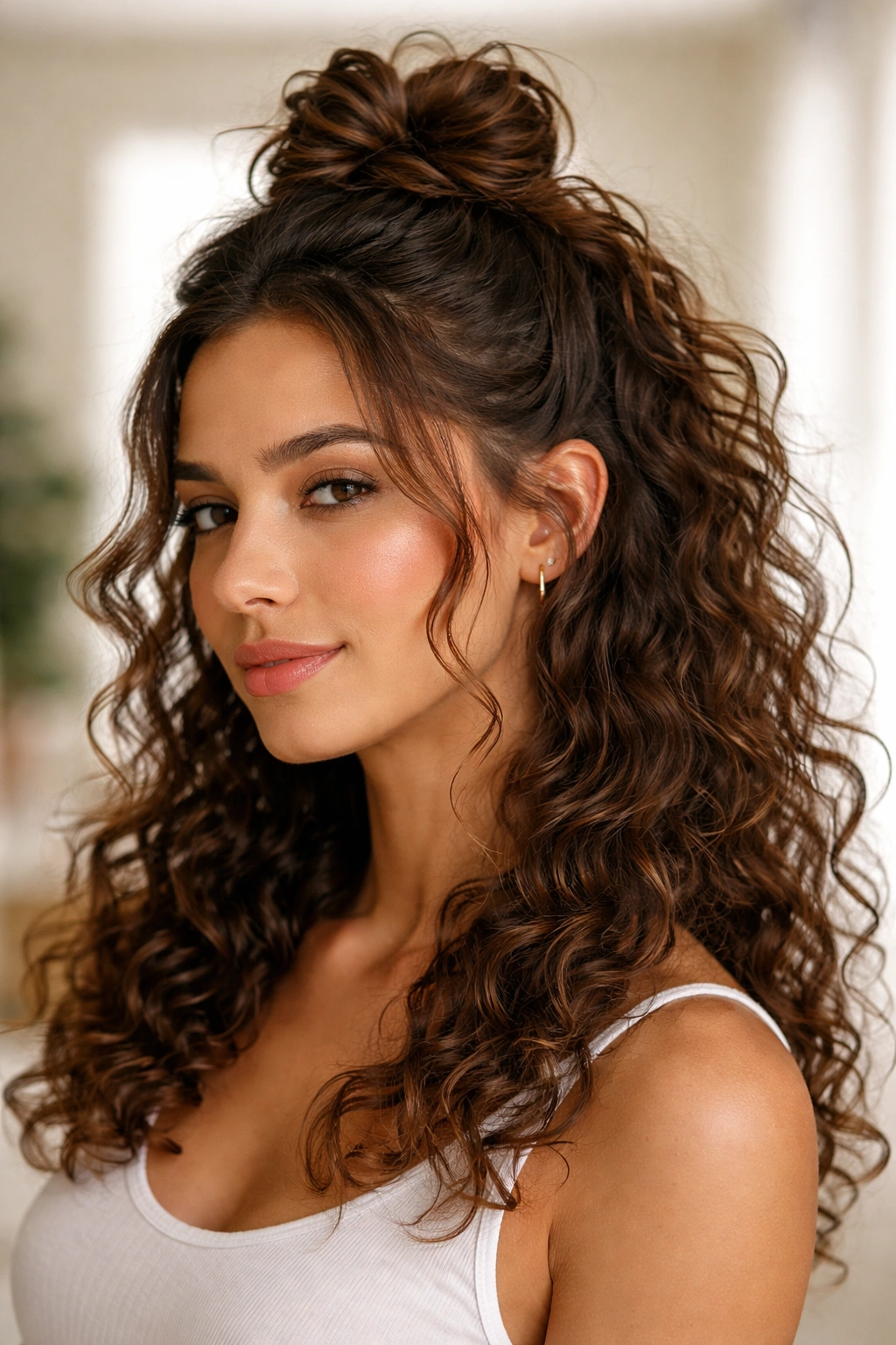 Half-up knot with loose curls framing face on curly hair