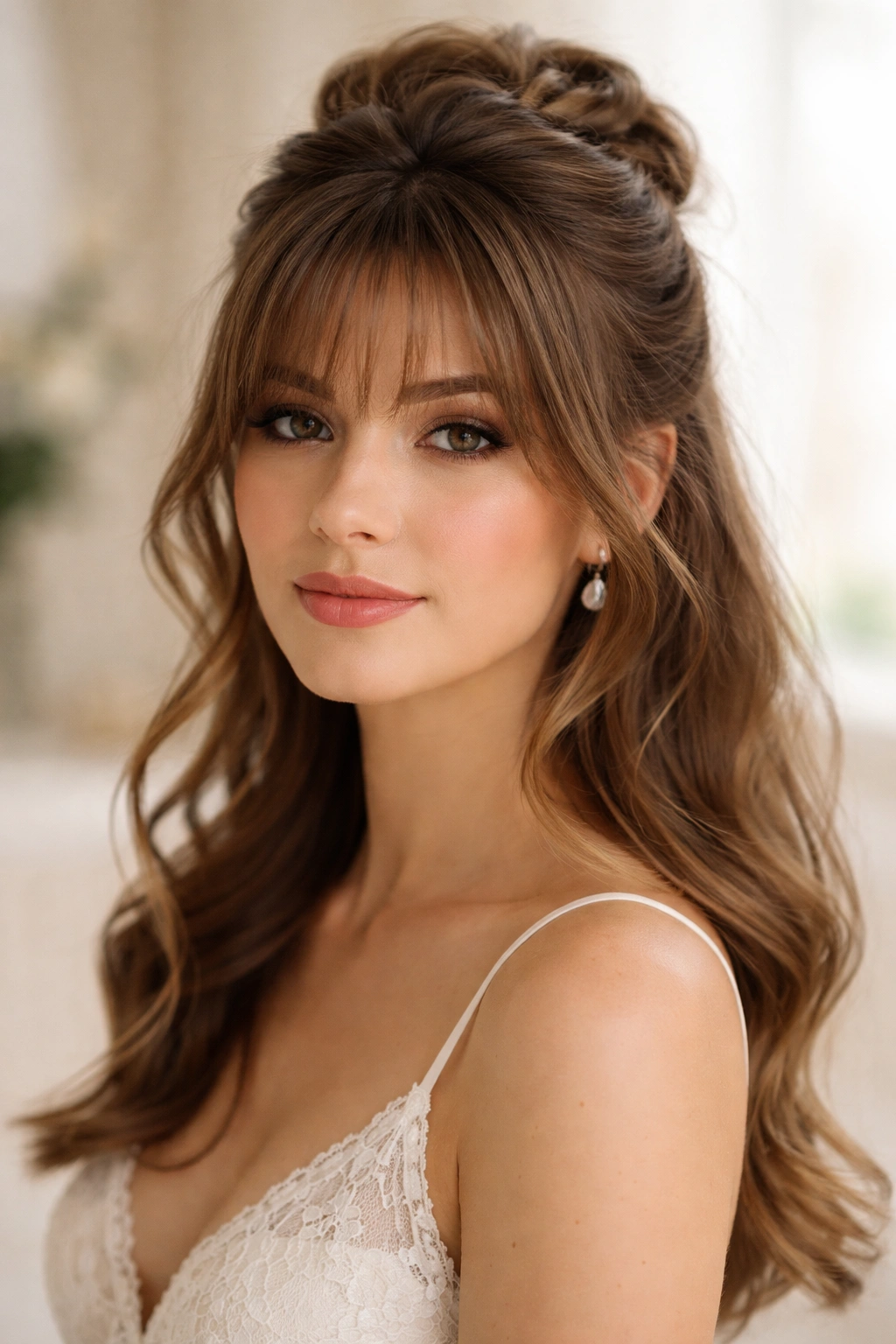Close-up of a bridal half-up knot with face-framing pieces and feathered bangs