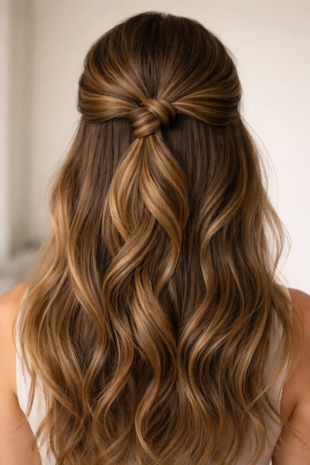 Hair tied into a neat knot at the crown