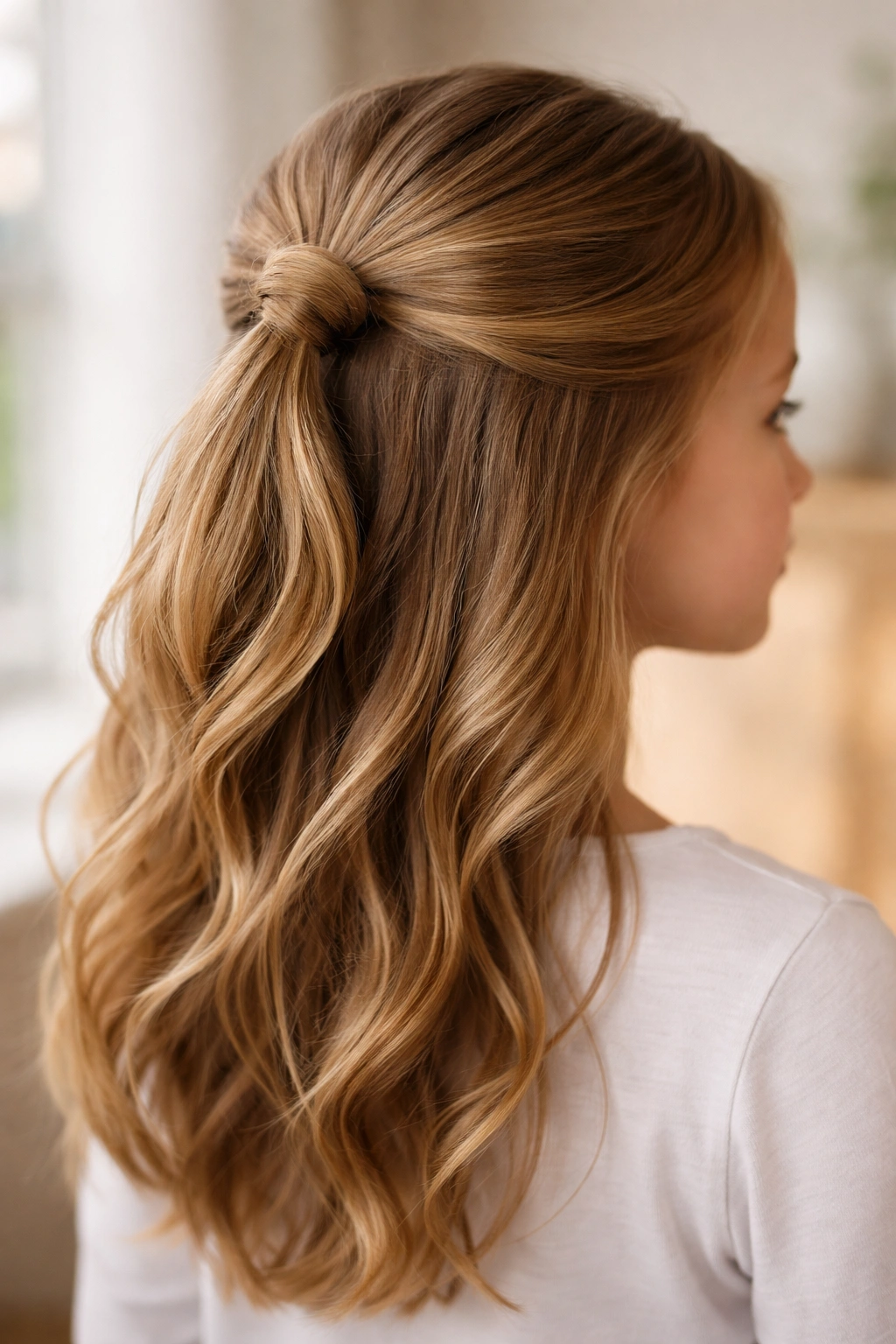 Close-up of a child with a classic half-up knot hairstyle and flowing lower hair