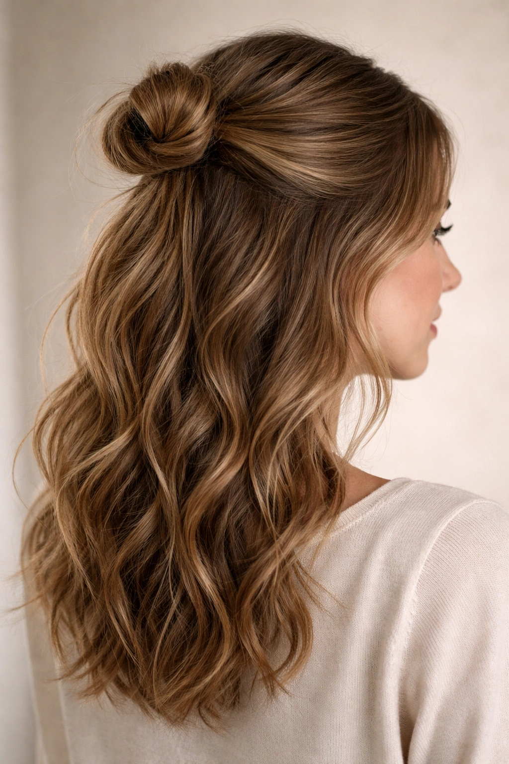 Front-right view of The Half-Up Knot with Loose Waves showing a loose crown knot and flowing waves