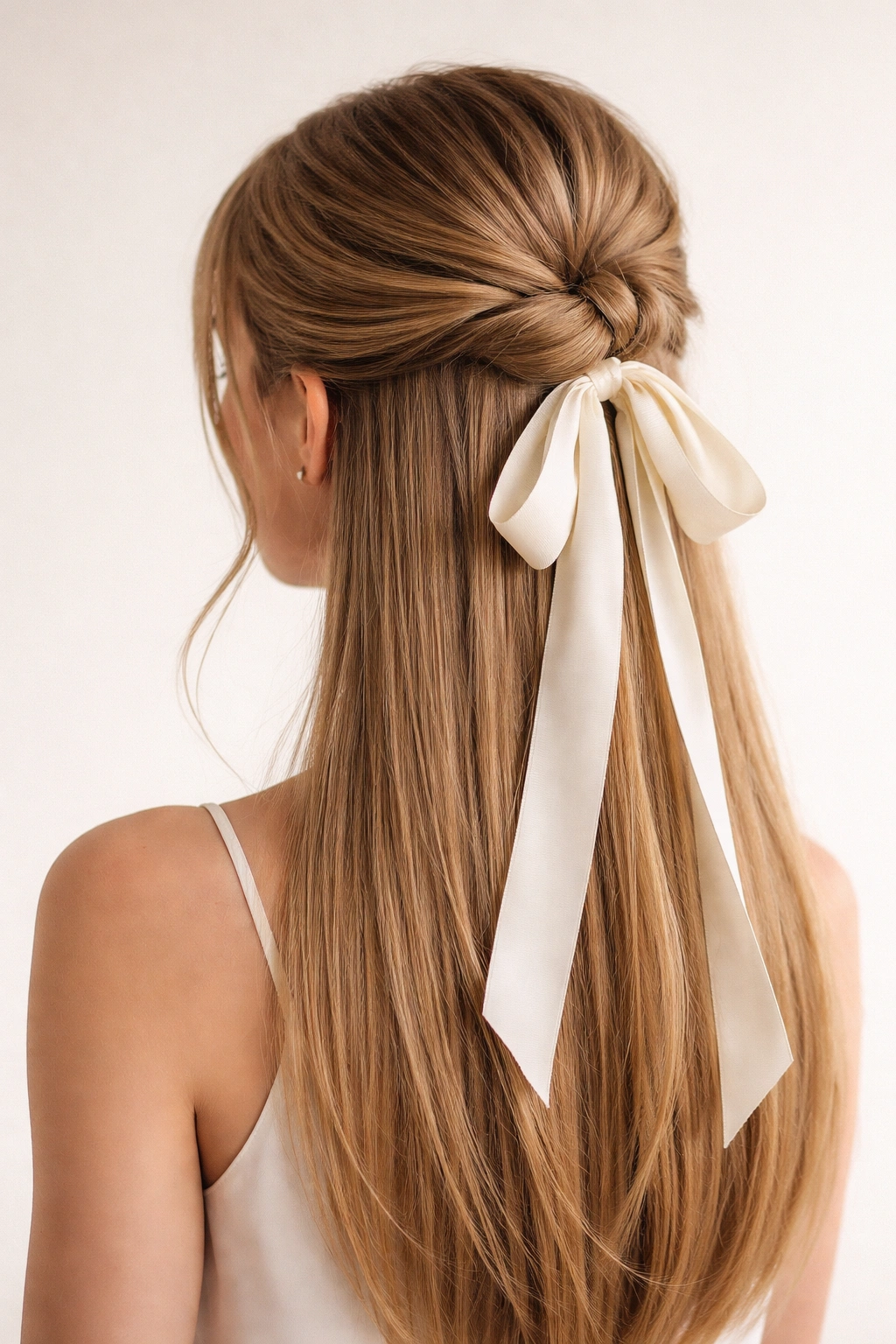 Half-up knot with ribbon weaving through on straight hair
