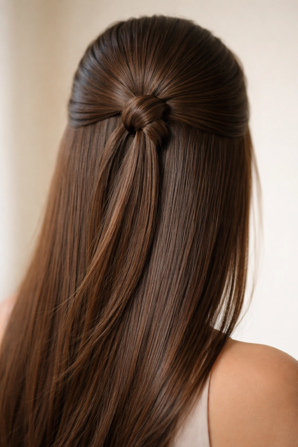 Half-up knot on straight hair showing anchored texture