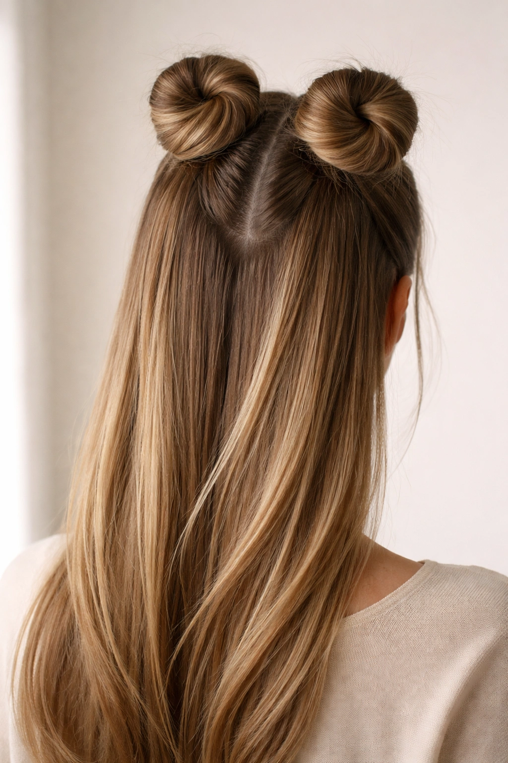 Back view of two neat top knots on straight hair