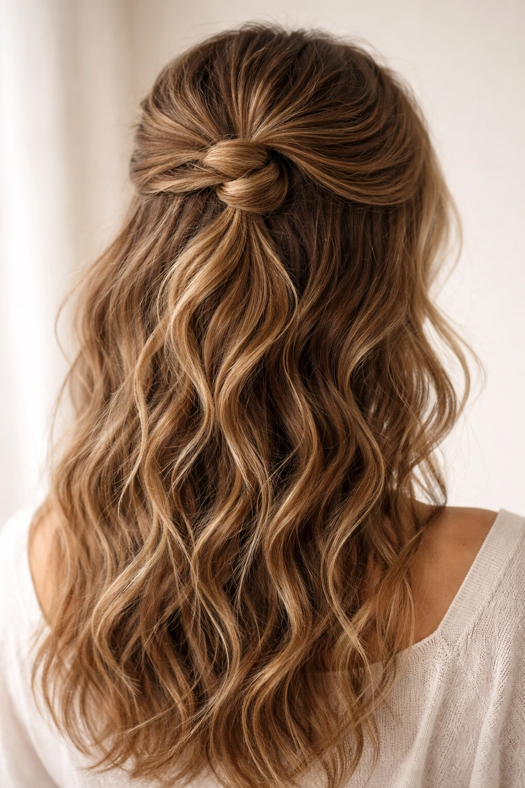 Close-up of a half-up twisted knot hairstyle with textured waves on a model