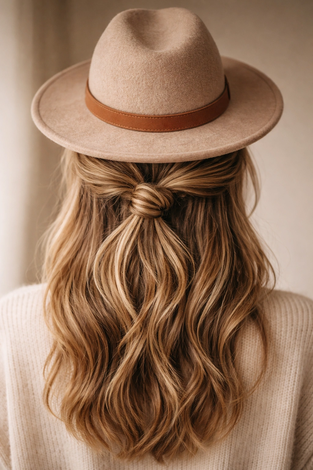 Back view of half-up knot under a wool hat