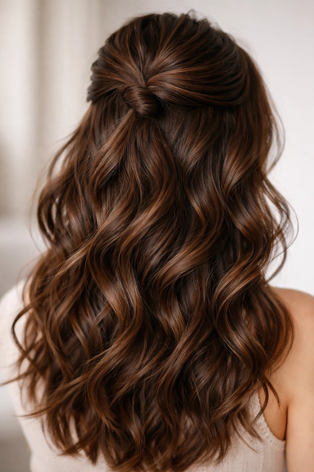 Portrait showing layered waves and a half-up crown in brown hair