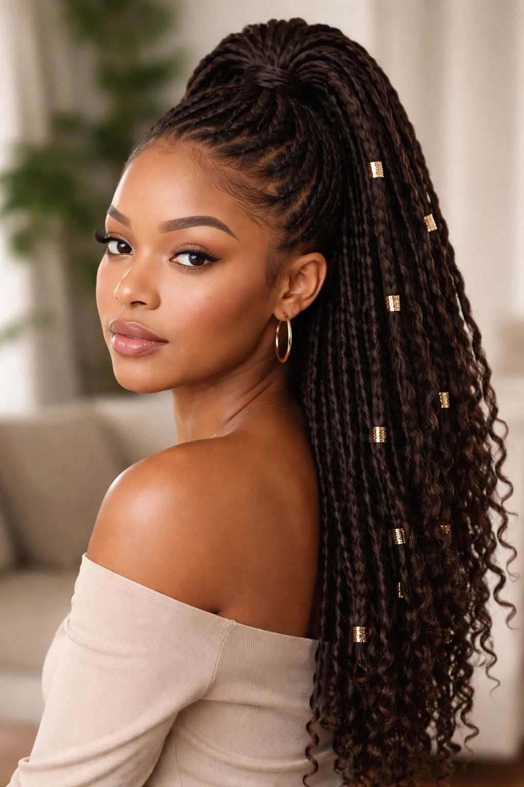 Half-up ponytail with locs or twists secured at the crown