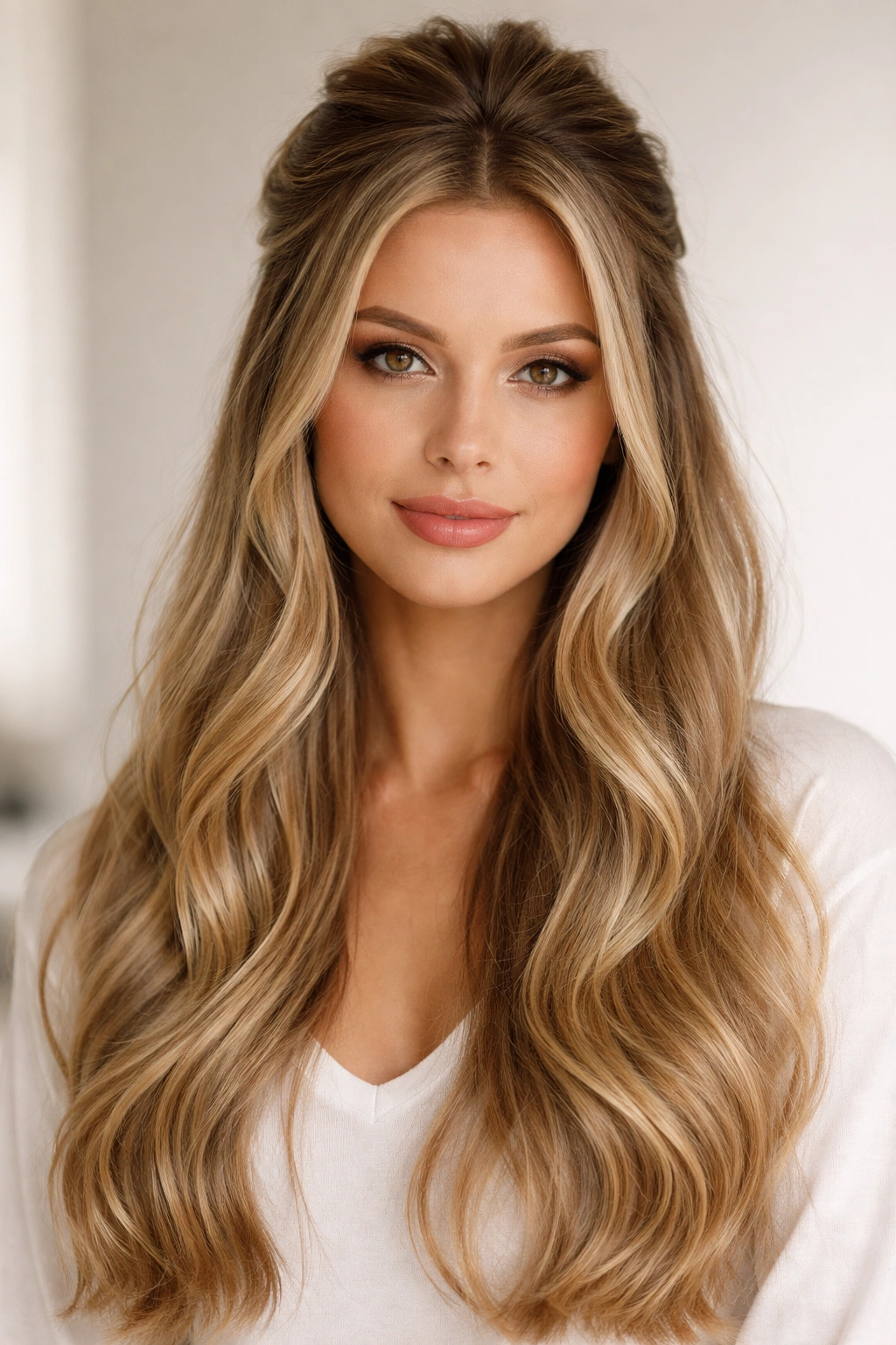 Half-up hairstyle with loose waves on the lower half of long hair