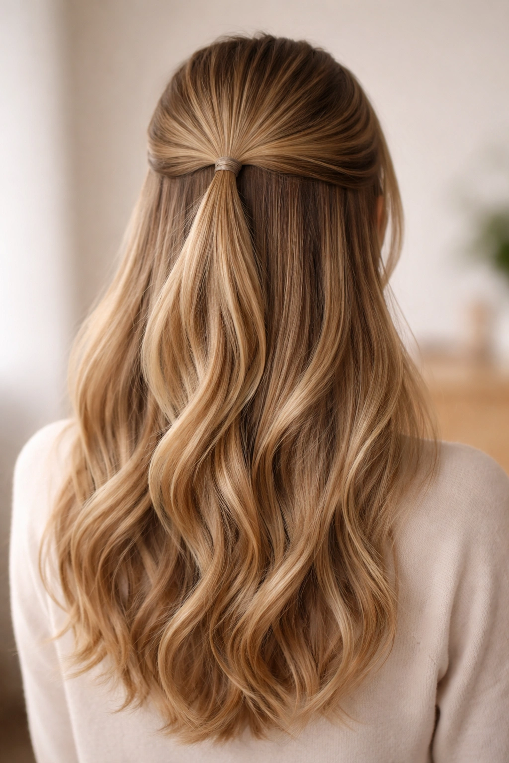 Back view with top half secured and bottom waves on straight hair