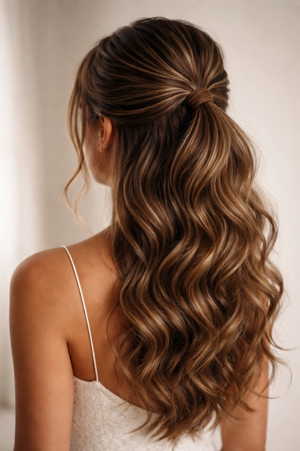 Defined waves with half-up crown pulled into a low nape ponytail