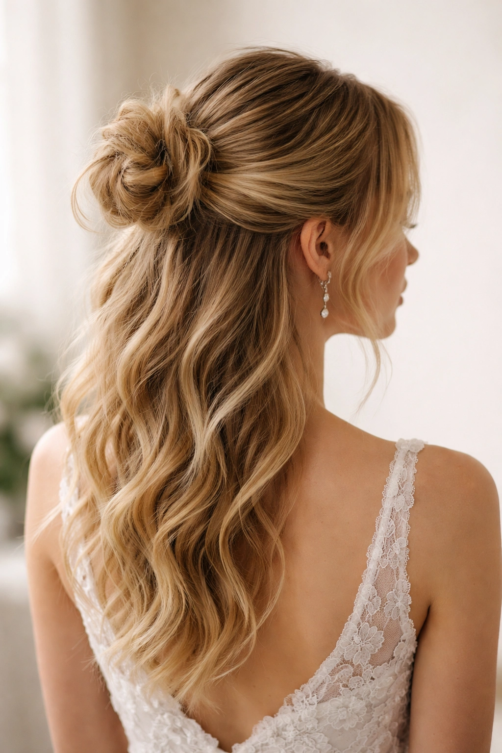 Half-up messy bun with loose waves on bottom, bridal-ready