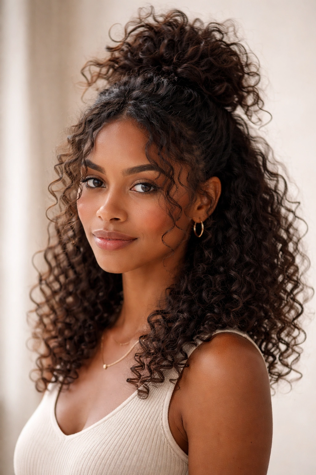 Naturally textured half-up messy bun with loose curls around the face