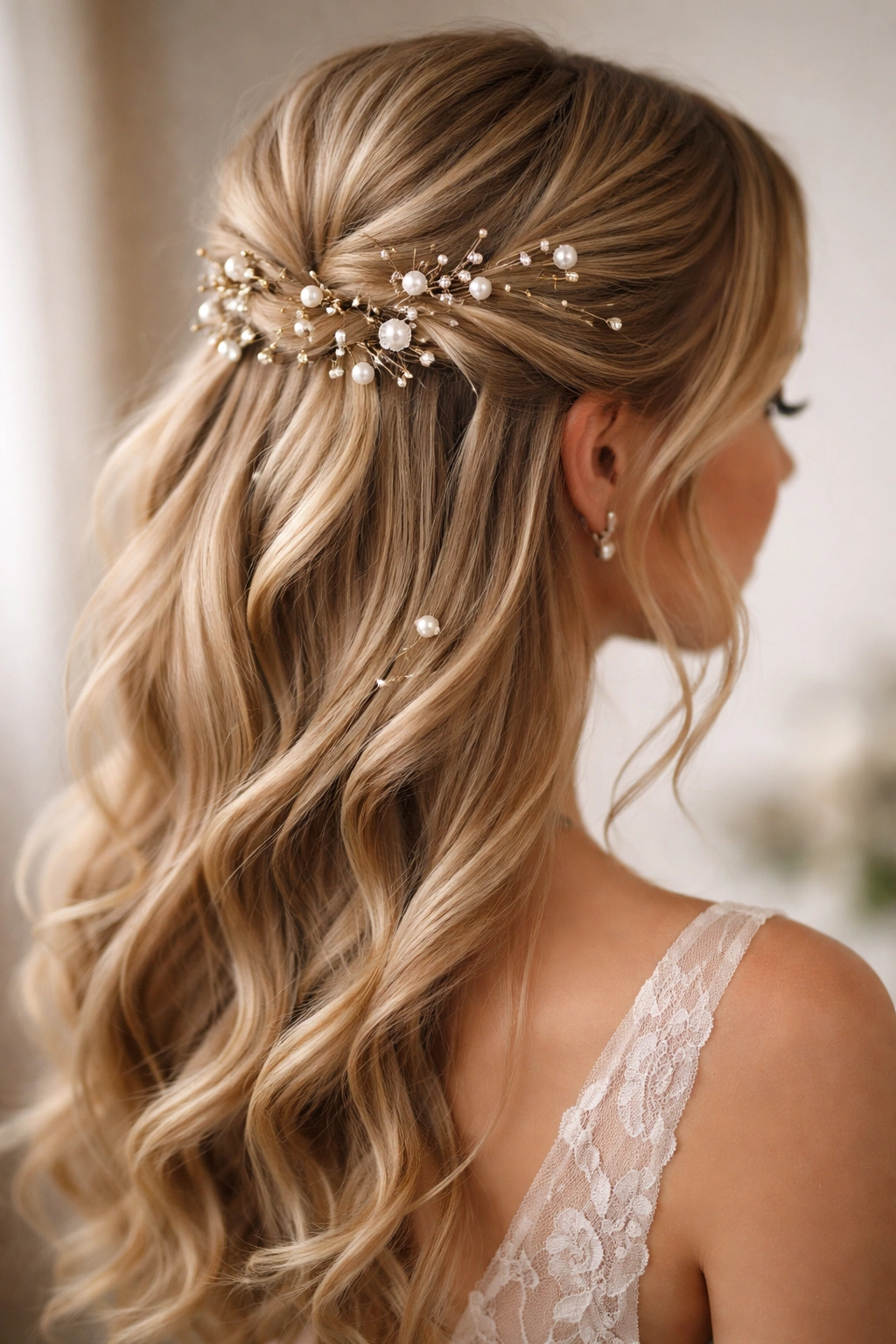 Close-up of a bridal half-up hairstyle with scattered metallic pins across the crown