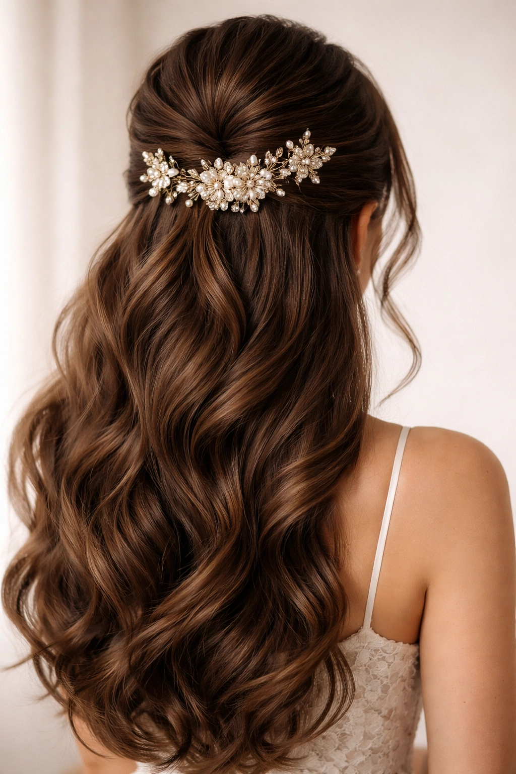 Half-up hairstyle with bold metallic pins visible in thick hair