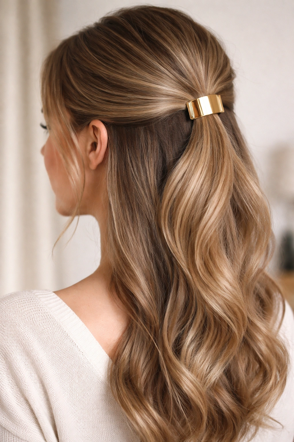 Close-up of half-up hairstyle with a metallic clip at the base