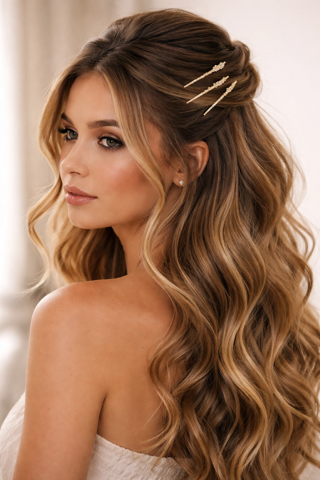 Half up hairstyle with visible metallic hairpins securing the top, highlighting waves